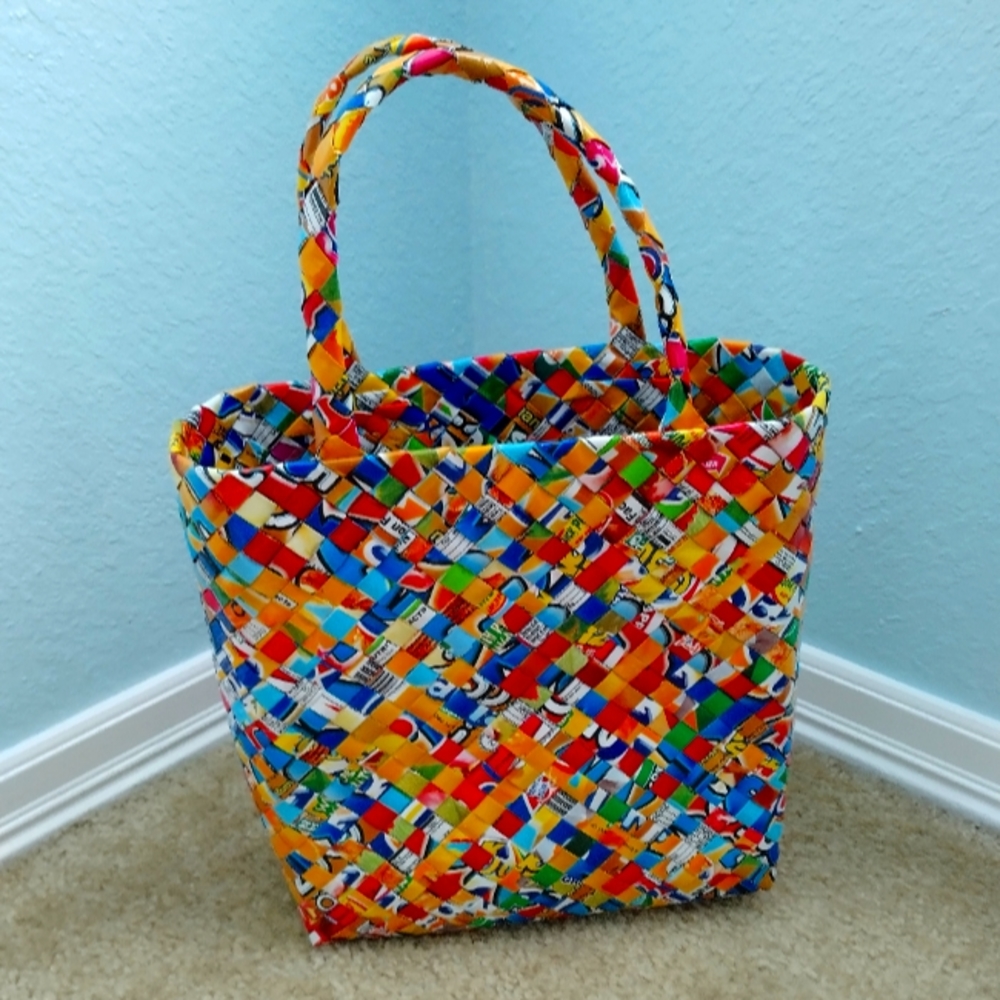Multicolored Upcycled Wrapper Woven Purse Mini Tote Handmade Quirky